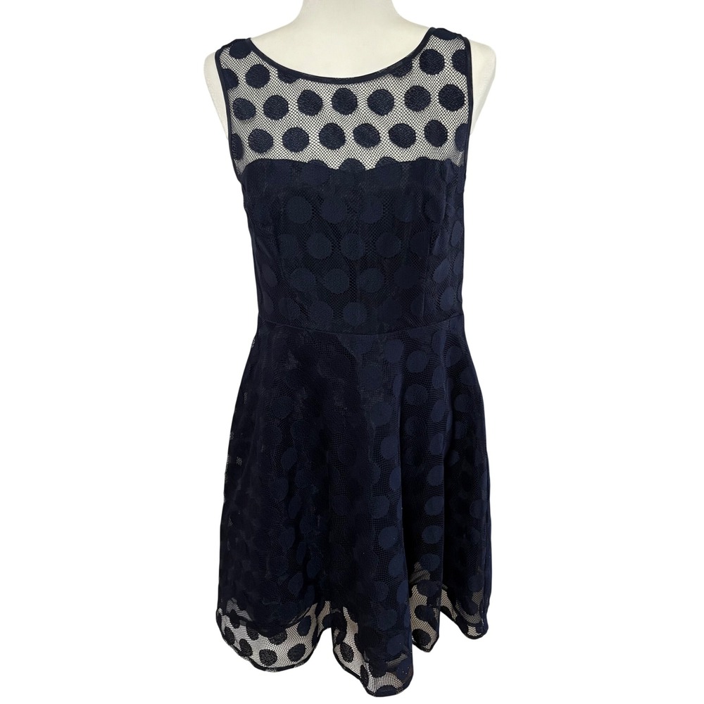 Betsey Johnson Polka Dot Mesh Lace Party Dress 10 Fit & Flare Navy‎ Textured